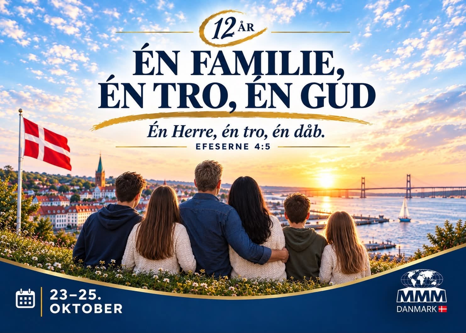 Cartel del aniversario: «12 år · Én familie, én tro, én Gud» (Una familia, una fe, un Dios), Efesios 4:5, 23–25 de octubre; una familia mira una ciudad danesa al atardecer